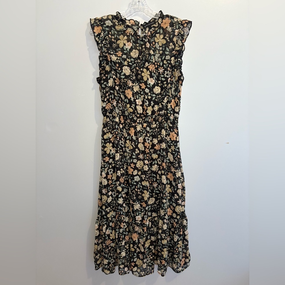 Gibsonlook XL Black Floral Tiered Midi Dress Sweetheart Pin Dot Flutter Sleeve